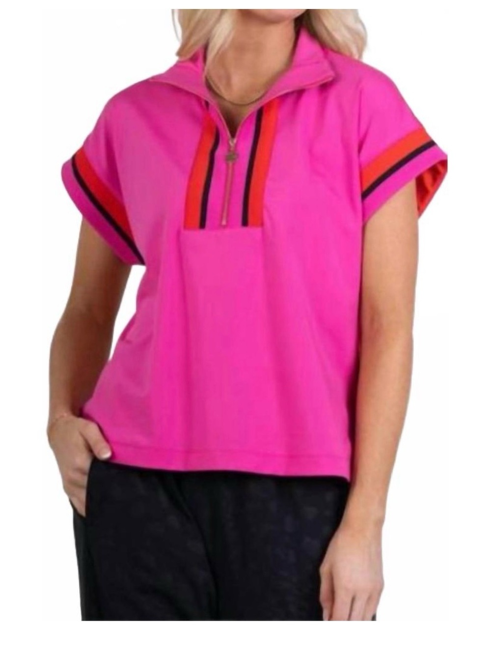 Emily McCarthy Set Women’s Hot Pink Short Sleeve Zip-Front Top and pants